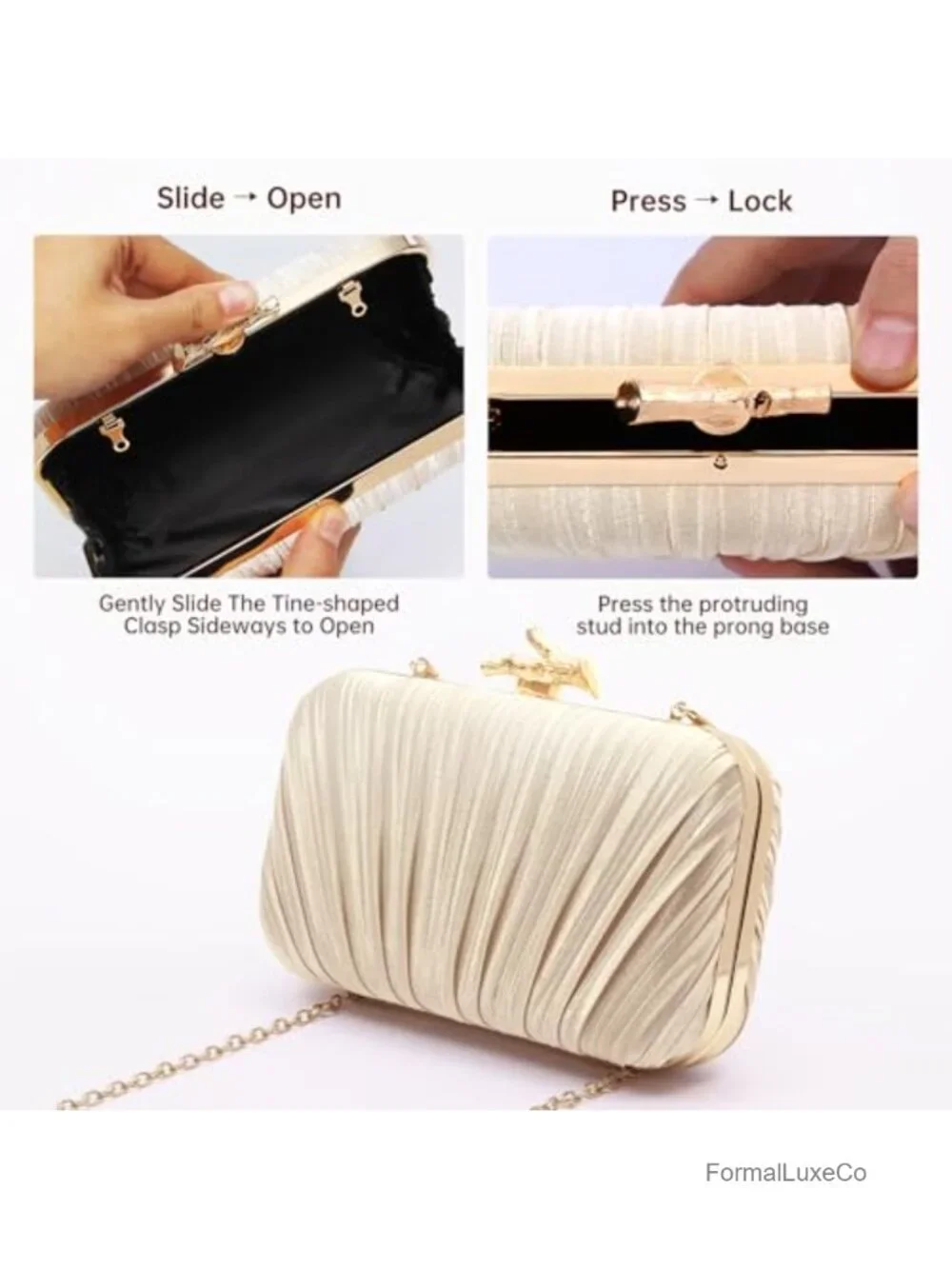 Pleated Satin Evening Clutch Bag with Chain for Women